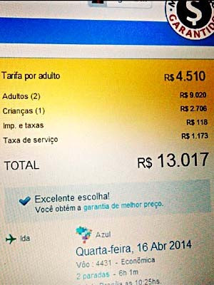 Reprodução de site com valores de voo de Brasília para Petrolina (Foto: Edson Gonçalves Duarte/VC no G1)
